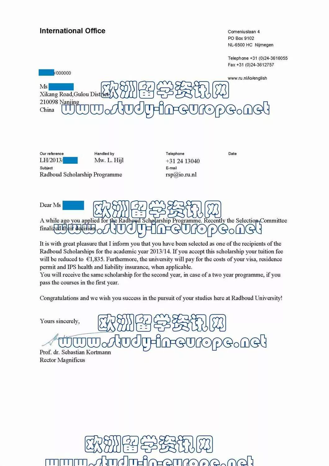 荷兰内梅亨大学奖学金成功案例
