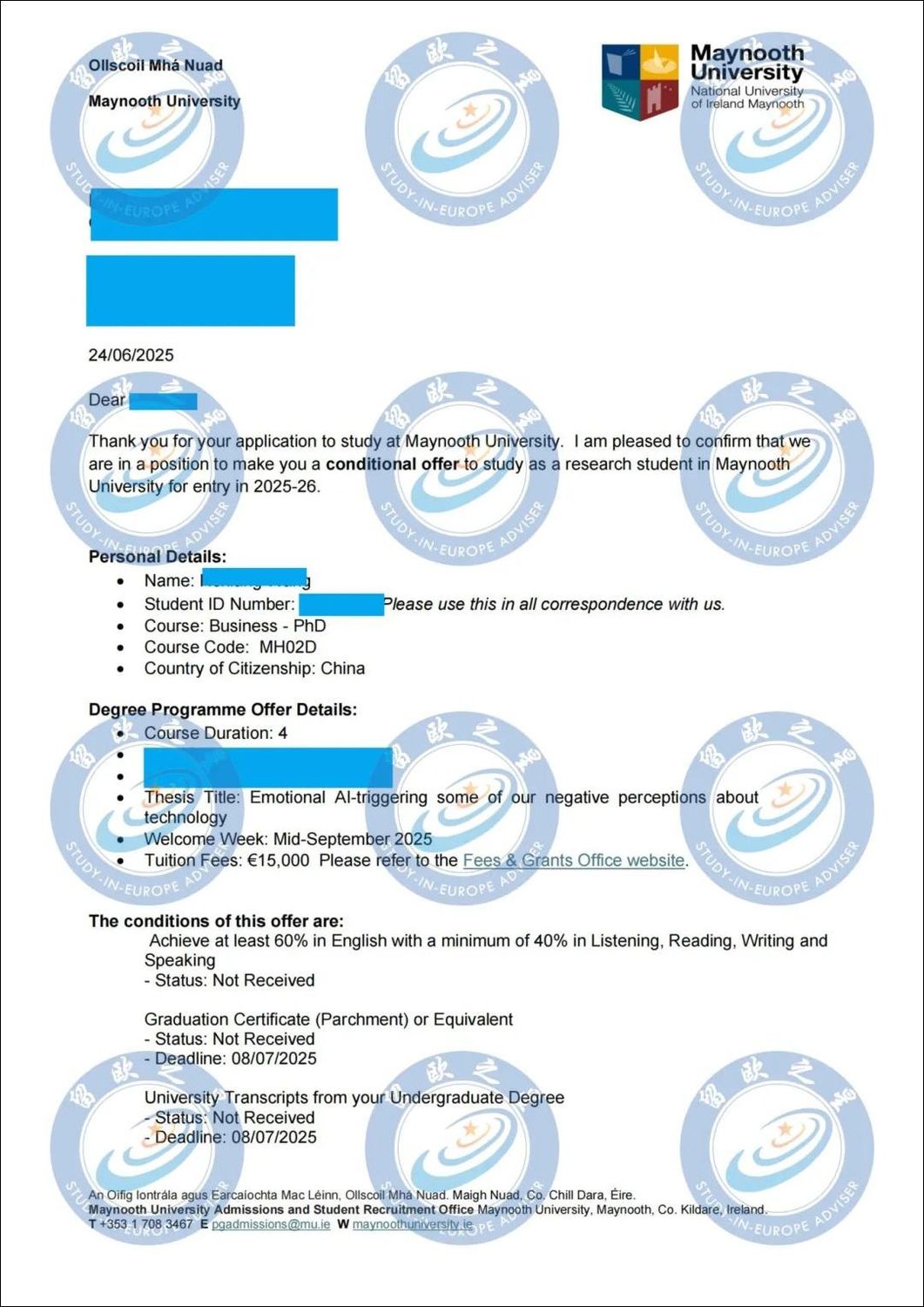 爱尔兰梅努斯大学博士成功案例- 留欧之星